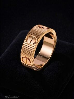 LOVE Ring 18K Rose Gold Plated Ribbed Screw Motif Band Size 7